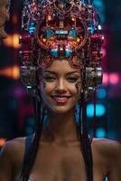 ai gerado fêmea cyborg com mecanismos e fios dentro cabeça, digital tecnológica Como uma fundo foto