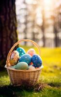 ai gerado colorida Páscoa ovos dentro uma cesta sobre uma campo de flores e Sol raios. lindo decorado Páscoa ovos foto com esvaziar espaço para texto.