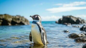 ai gerado pinguim em a de praia foto