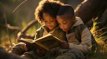 ai gerado feliz crianças crianças lendo livro juntos às a campo conceito crianças dia. generativo ai foto