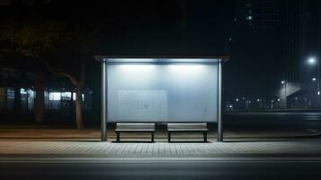 ai gerado uma noite cena às uma ônibus Pare com esvaziar bancos debaixo escuro luzes da rua, esperando para passageiros. generativo ai foto