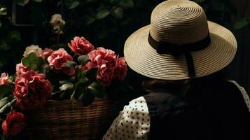 ai gerado mulher com chapéu e flor cesta. generativo ai foto