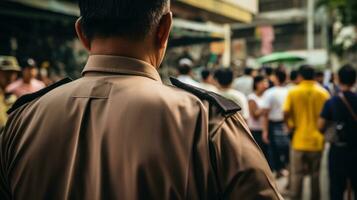 ai gerado uma polícia Policial em pé em uma segurança rua. generativo ai foto