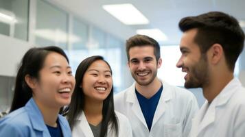 ai gerado quatro cientistas dentro laboratório casacos acionado dentro conversação, vestindo sorrisos em seus rostos. generativo ai foto