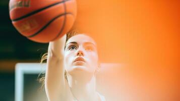 ai gerado uma mulher segurando uma basquetebol bola, pronto para atirar. generativo ai foto