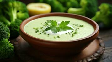 ai gerado uma tigela do sopa com vibrante verde brócolis e fresco salsinha guarnição, enfeite, adorno. generativo ai foto