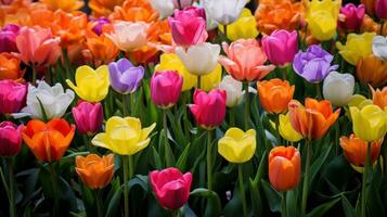 ai gerado colorida tulipas dentro uma jardim, florescendo com vibrante matizes do vermelho, amarelo, e roxo, criando uma pitoresco cena do natural beleza. generativo ai foto