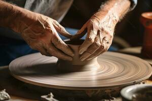ai gerado Panela artista cerâmica oleiro construir tigela moldagem criatividade habilidade argila roda mãos cerâmica foto