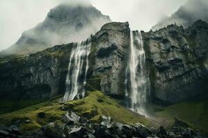 ai gerado cascata Rocha céu beleza montanha rio água cênico cascata natureza Islândia ponto de referência foto