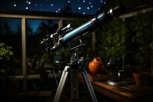 ai gerado olhando assistindo noite astronomia tripé telescópio leitoso Ciência silhueta estrelado foto