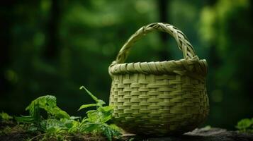ai gerado cesta erva plantar fundo de madeira orgânico saudável natureza folhas vime verão estação foto