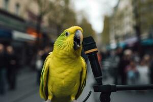 ai gerado animais selvagens verde fofa animal cores exótico tropical selvagem azul bico pássaro amarelo pena foto