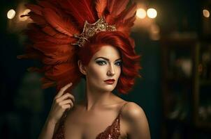 ai gerado radiante vermelho cabelos mulher posando com rubi penas coroa. gerar ai foto