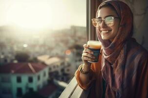 ai gerado sorridente muçulmano fêmea em terraço com bebida. gerar ai foto