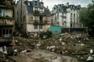 ai gerado inundação Paris edifícios ruínas. gerar ai foto