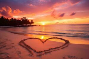 ai gerado pôr do sol de praia romance coração dentro areia foto