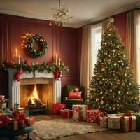 ai gerado Natal árvore Natal presente caixa vermelho com ouro fita. foto