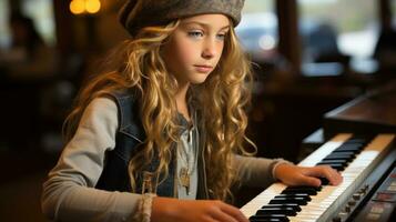ai gerado uma jovem menina quem graciosamente tocam a piano, demonstrando dela musical talento e cativante a público. generativo ai foto