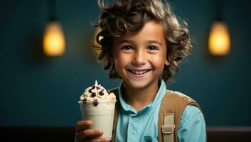 ai gerado alegre Garoto desfrutando delicioso gelo creme foto