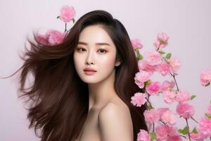 ai gerado coreano beleza modelo com sem falhas pele e Primavera flores. foto