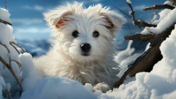 ai gerado fofo branco cachorro goza uma Nevado inverno panorama foto