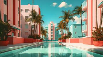 ai gerado generativo ai, surreal miami cidade com deco retro edifícios, Rosa e azul cores, verão vibrações foto