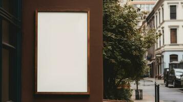 ai gerado generativo ai, café fazer compras rua poster ou tabuleta zombar acima para logotipo projeto, marca apresentação, estético silenciado neutro cores, em a parede ao ar livre foto