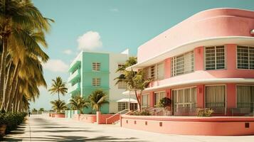 ai gerado generativo ai, surreal miami cidade com deco retro edifícios, Rosa e azul cores, verão vibrações foto