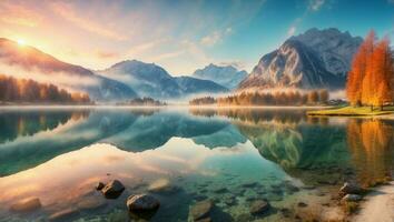 ai gerado outono manhã panorama e reflexivo lago refletindo a beleza do natureza foto