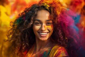 ai gerado retrato do uma jovem mulher às a holi festival, expressando alegria. ai generativo. foto