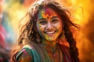 ai gerado retrato do uma jovem mulher às a holi festival, expressando alegria. ai generativo. foto