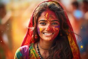 ai gerado retrato do uma jovem mulher às a holi festival, expressando alegria. ai generativo. foto