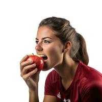 ai gerado jovem Atlético menina comendo a maçã isolado foto