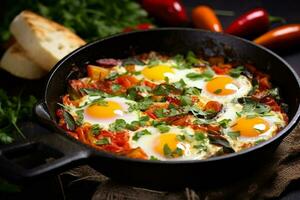 ai gerado Shakshuka dentro uma fritar panela em uma Preto fundo. foto