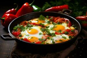 ai gerado Shakshuka dentro uma fritar panela em uma Preto fundo. foto