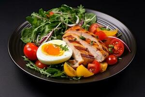 ai gerado salada com grelhado frango, ovo e cereja tomates em Preto prato foto