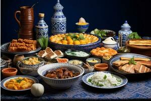 ai gerado tradicional oriental pratos com carne legumes e especiarias em a mesa foto