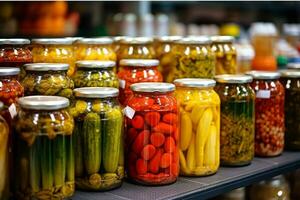 ai gerado vidro frascos com variedade do em conserva legumes e frutas dentro a cozinha foto