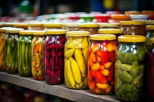 ai gerado vidro frascos com variedade do em conserva legumes e frutas dentro a cozinha foto