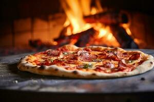 ai gerado quente pizza dentro a forno em uma de madeira borda. fogo dentro a fundo foto