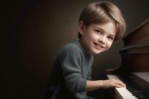 ai gerado alegre melodias. talentoso criança de 5 anos pianista dentro açao foto