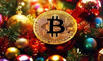 ai gerado dourado bitcoin em Natal árvore fundo. criptomoeda. Novo ano e Natal. foto