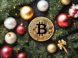 ai gerado dourado bitcoin com Natal árvore galhos em Preto fundo, topo Visão foto