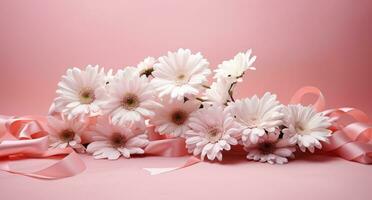 ai gerado Rosa fita e Rosa margaridas com branco flores em Rosa fundo foto