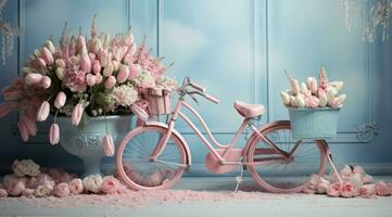 ai gerado Rosa bicicleta com tulipas para Primavera foto