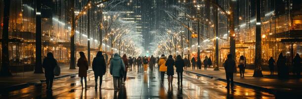 ai gerado pessoas caminhando baixa uma cidade rua às noite foto