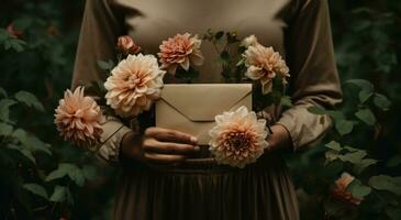 ai gerado mãos segurando uma velino envelope com flores dentro fundo foto