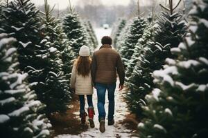 ai gerado família caminhando através a Natal árvores Fazenda em uma Nevado dia foto