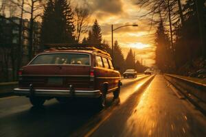ai gerado vintage carro em a estrada às pôr do sol com movimento borrão efeito. foto