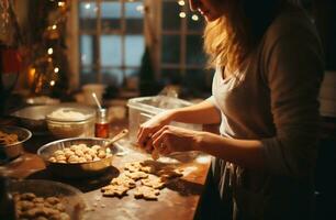ai gerado mulher fazer Pão de gengibre biscoitos dentro a cozinha às Natal tempo. foto